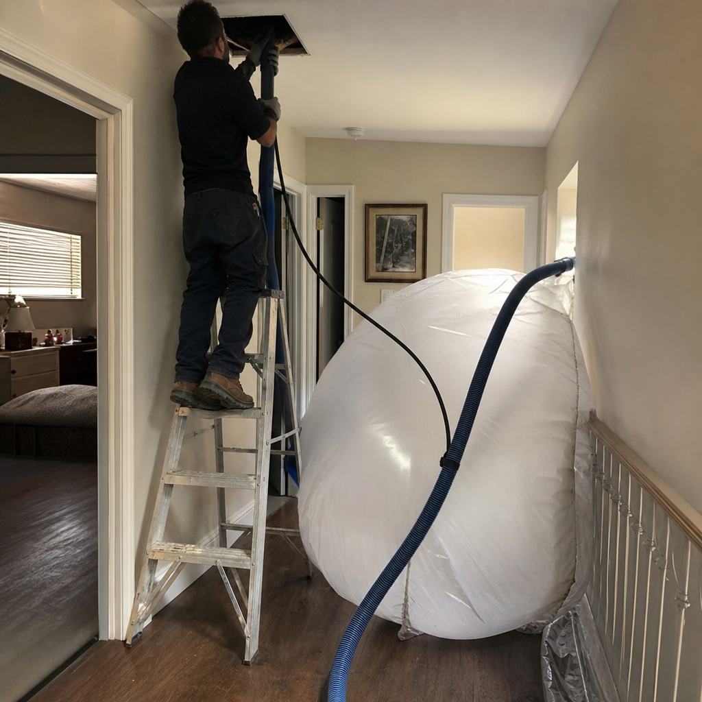 Air duct cleaning technician vacuuming ceiling vents into a large collection bag.