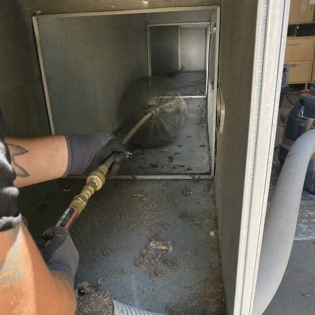 Air duct cleaning with rotary brush tool and vacuum hose