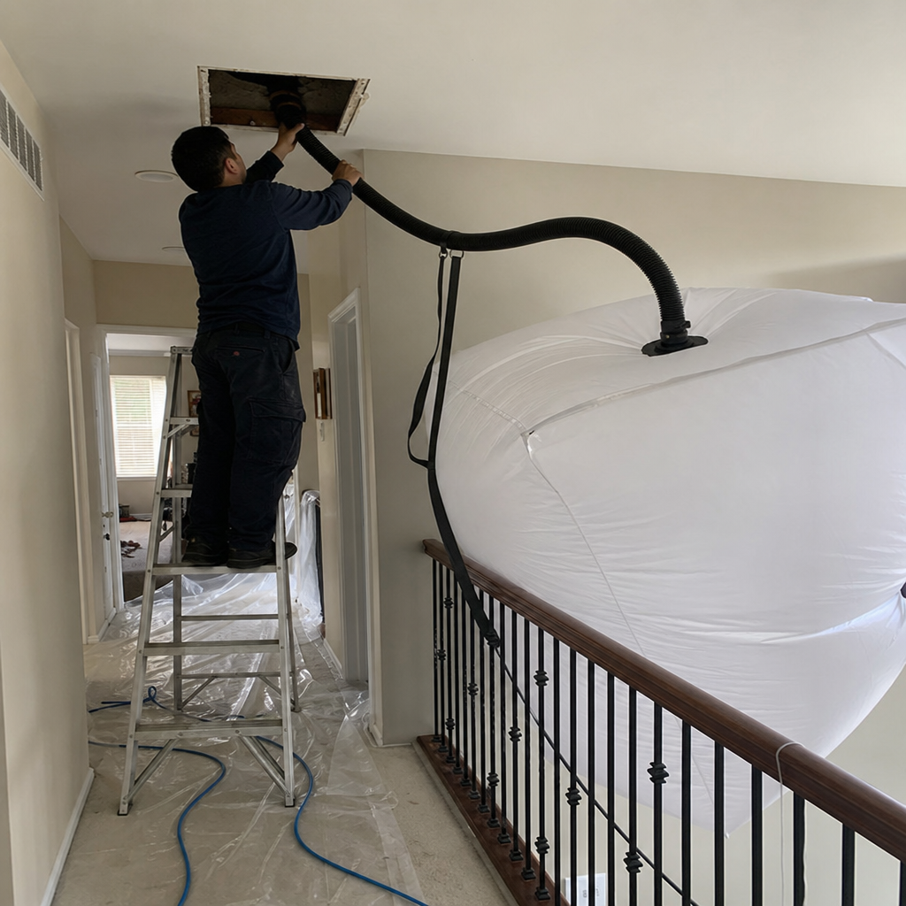 Professional air duct cleaning service using vacuum and collection bag