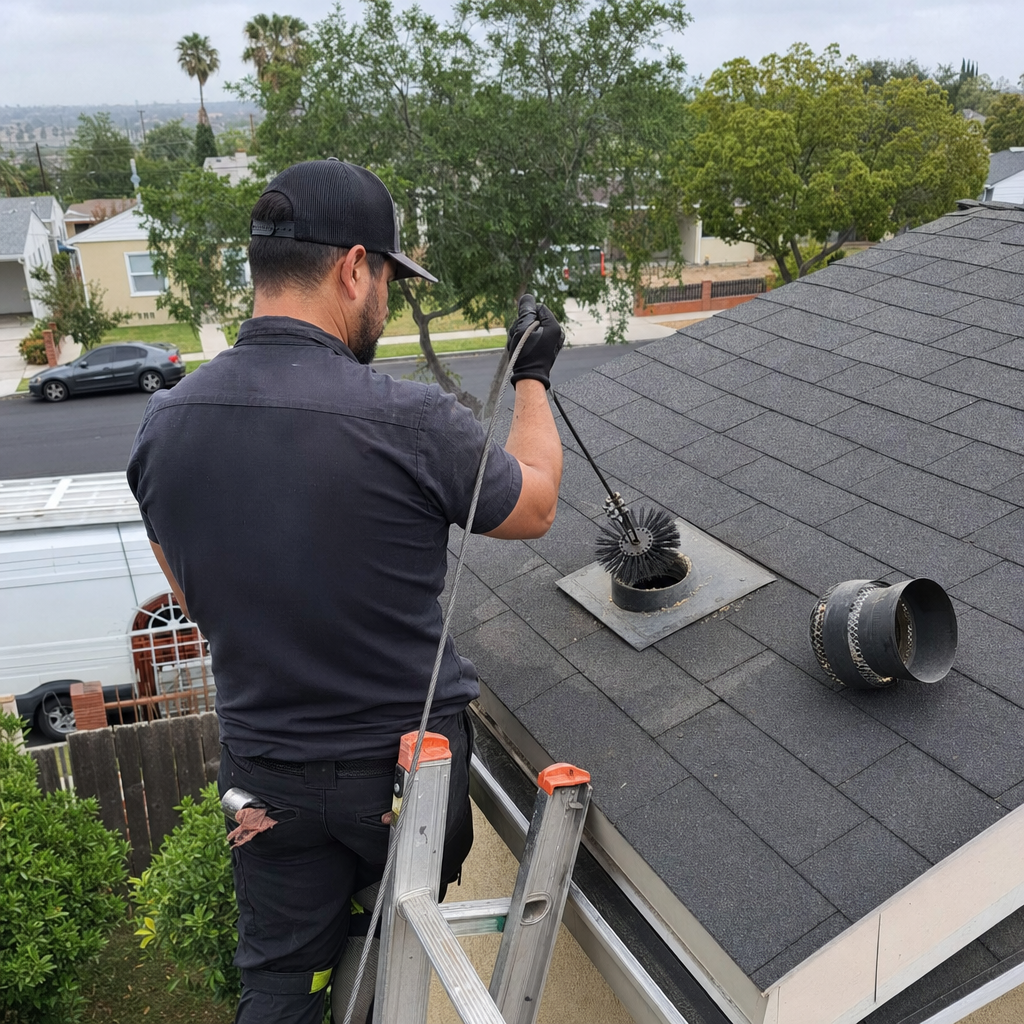 Professional dryer vent cleaning on a rooftop with chimney sweep