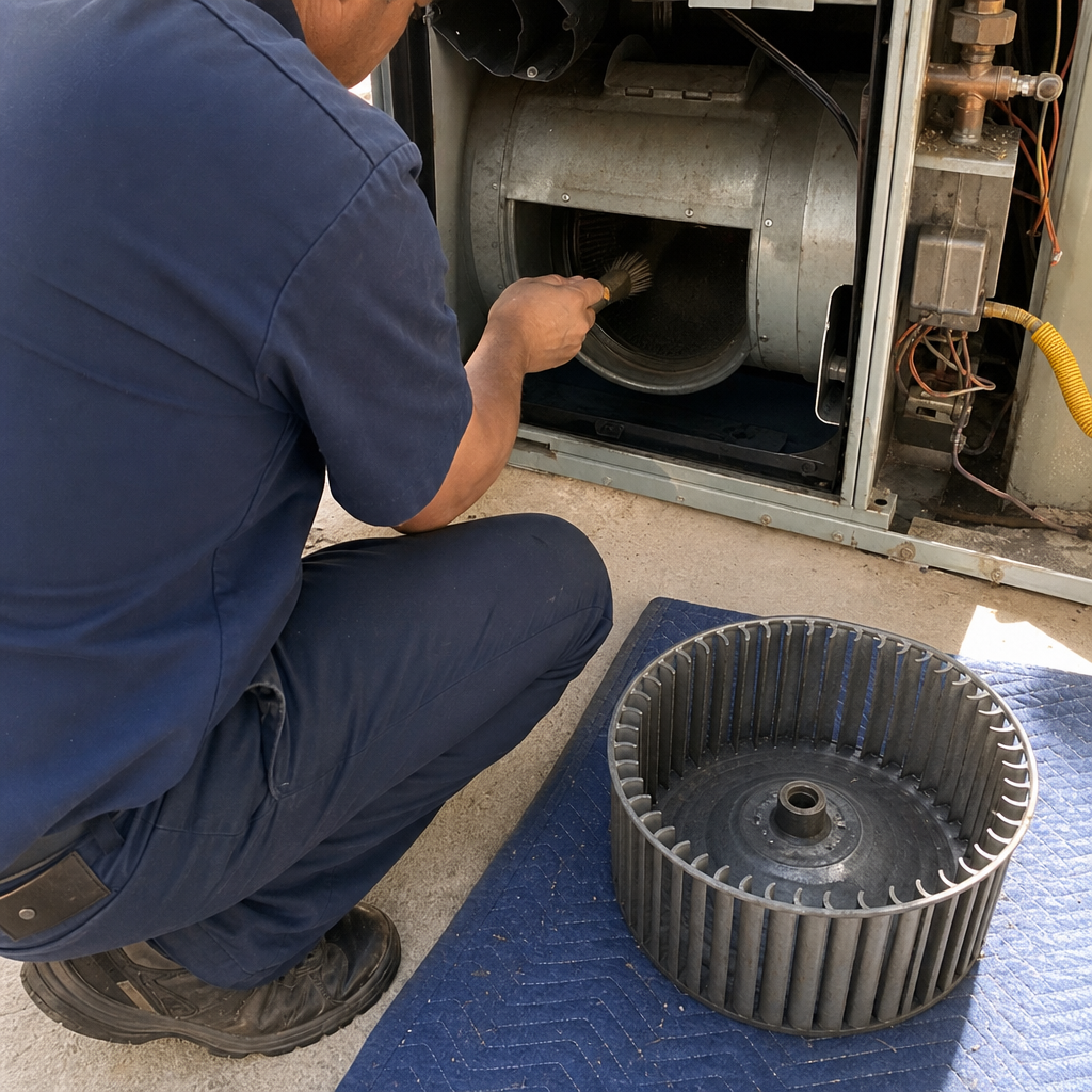 HVAC cleaning service with technician brushing inside unit