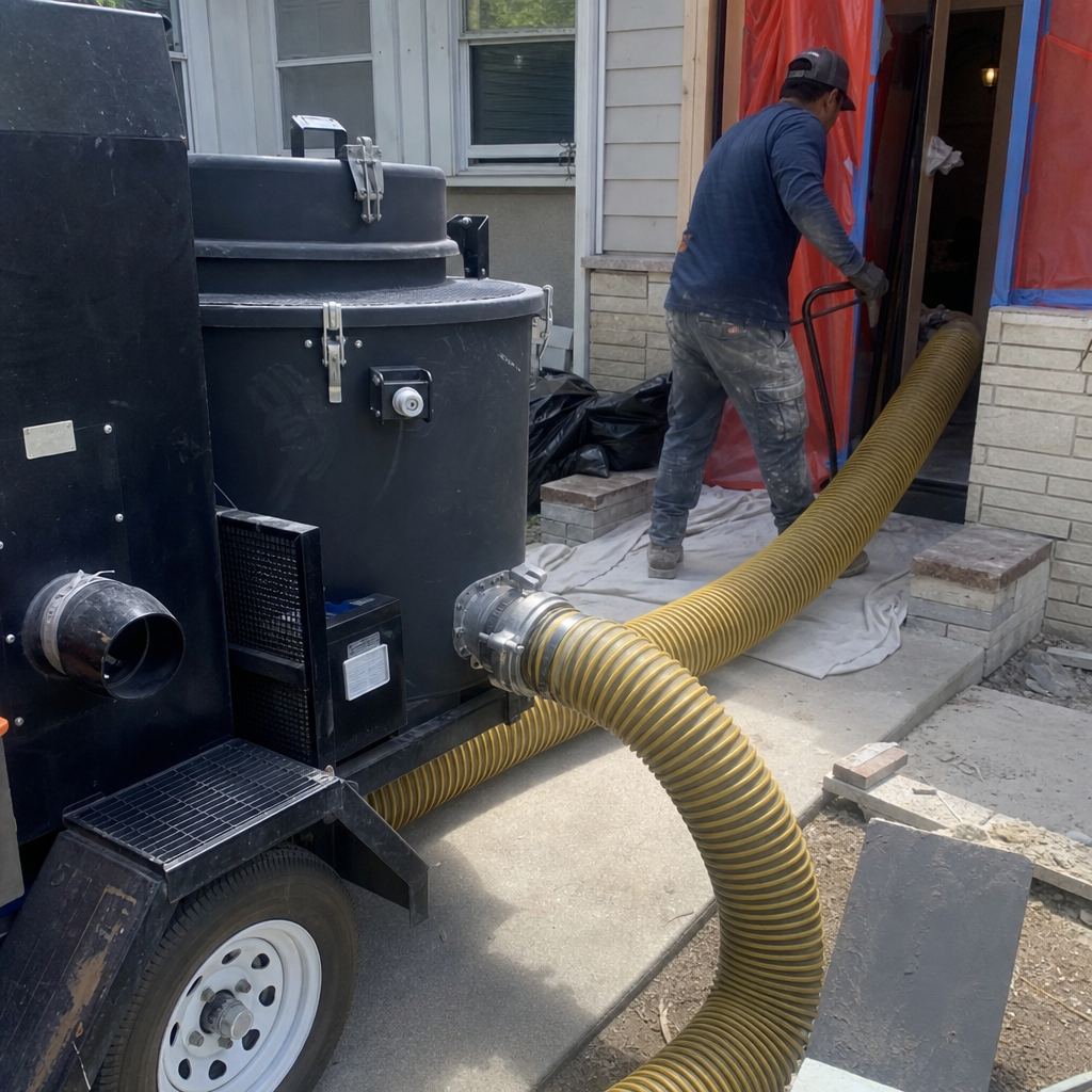 Air duct cleaning machine with worker and yellow hose