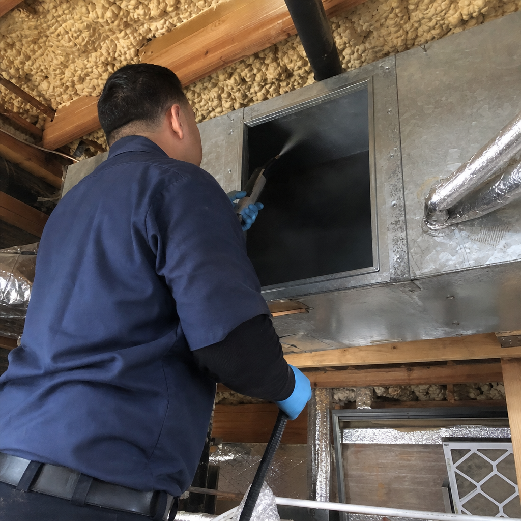Technician sanitizing air duct for improved air quality in Studio City, CA
