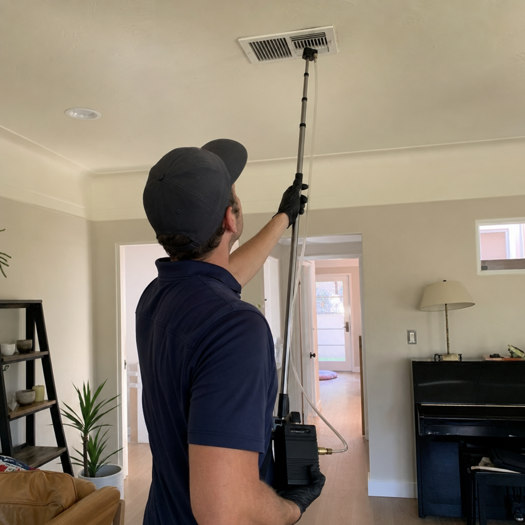 Technician cleans ceiling air vent with telescopic tool for air duct cleaning. in Studio City, CA