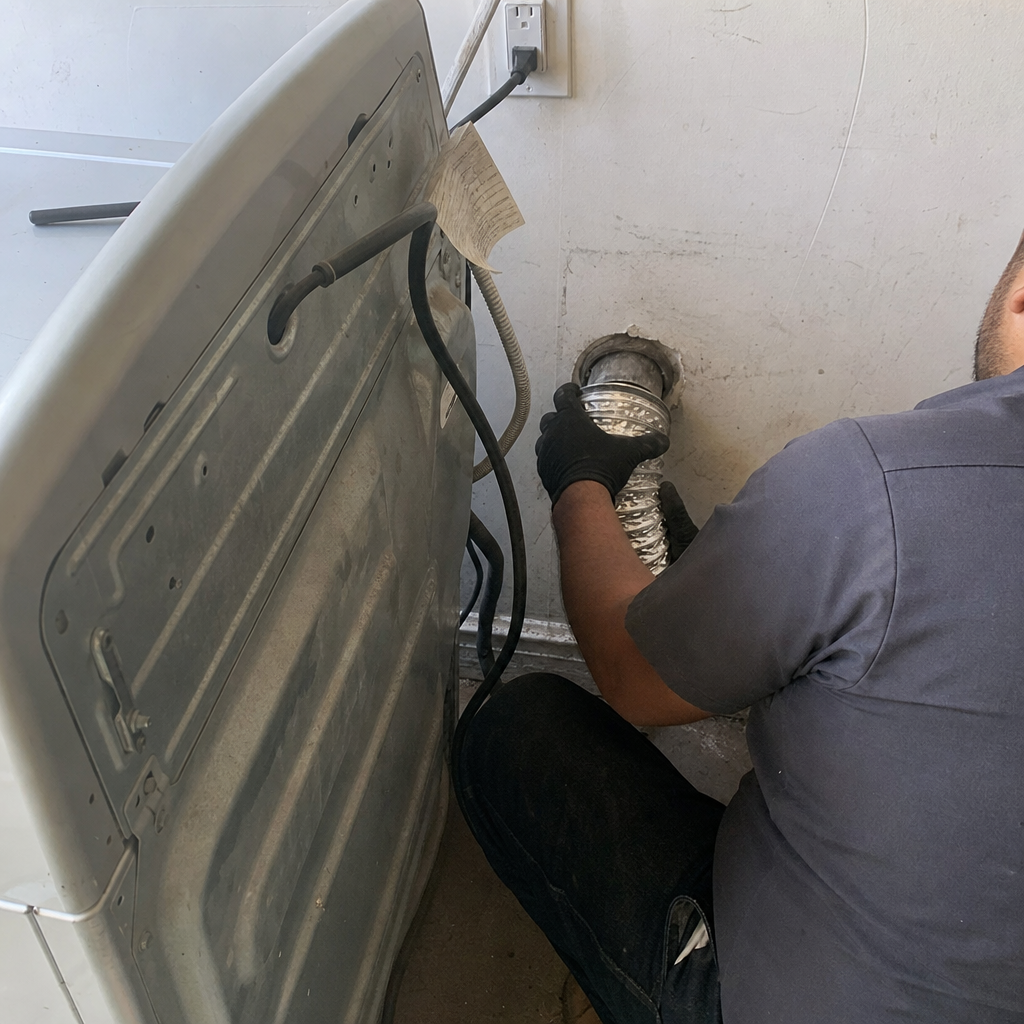 Dryer vent cleaning service connecting vent to wall in Studio City, CA