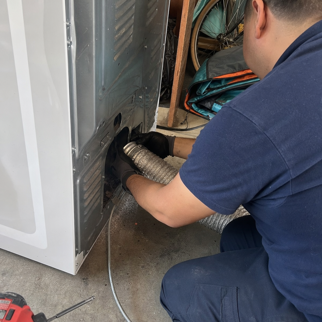 Technician cleaning dryer vent with flexible metal hose in Studio City, CA