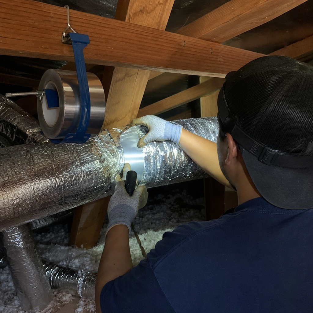 Air duct repair and sealing technician working with foil tape
