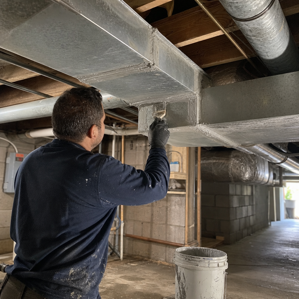 Technician seals air ducts with sealant. in West Hollywood, CA