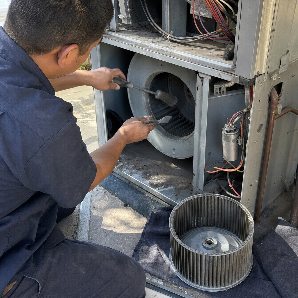 HVAC cleaning technician brushing blower fan inside unit in Studio City, CA