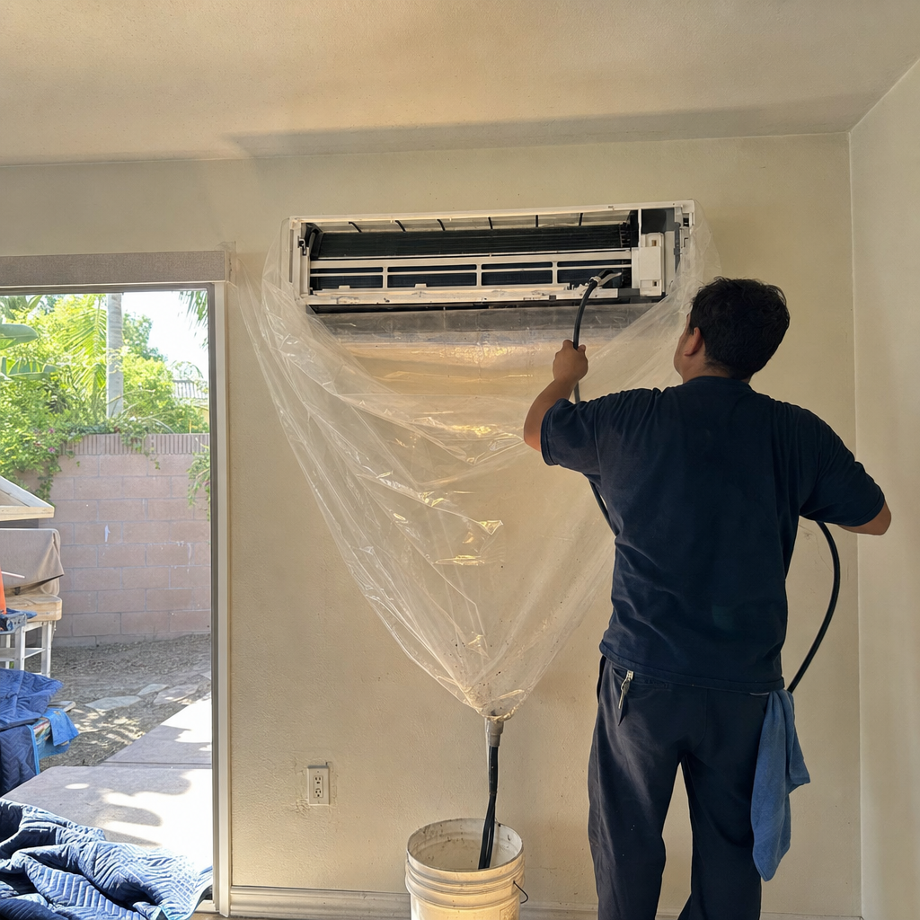 Technician sprays air conditioner for HVAC cleaning. in Studio City, CA